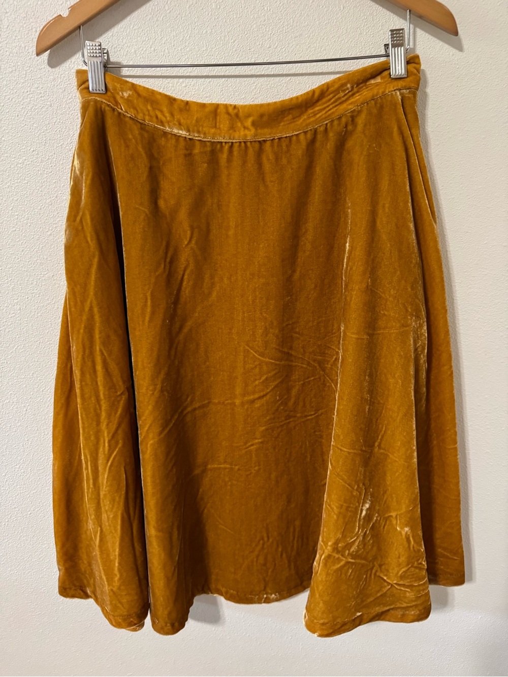 Modcloth Crushed Velvet A-Line Midi Skirt Mustard Yellow Retro Pockets-10